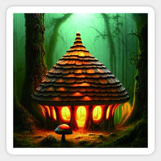 Magical Big Cottage Mushroom House with Lights in Forest with High Trees, Mushroom Aesthetic Sticker